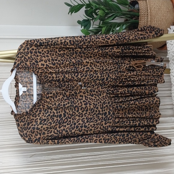 Time and Tru Tops - Time and Tru Peasant Top Leopard Print Long Sleeve Round Neck Tassels Size Large